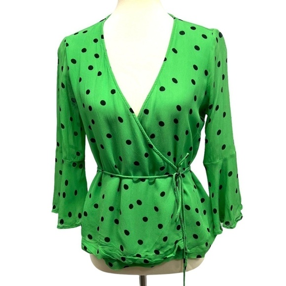 Ganni Dainty Georgette Green Polka Dot Bell Sleeve Wrap Top Women’s EU 36 - Picture 3 of 12